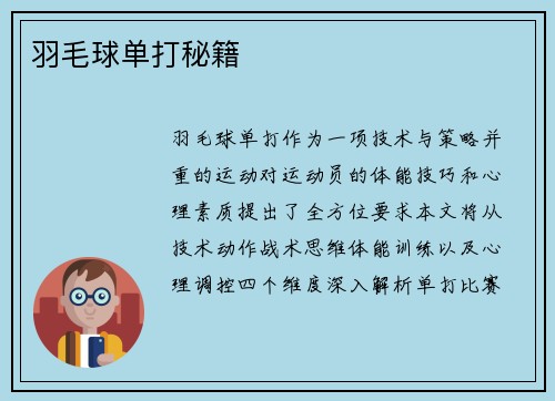 羽毛球单打秘籍