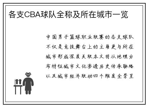 各支CBA球队全称及所在城市一览